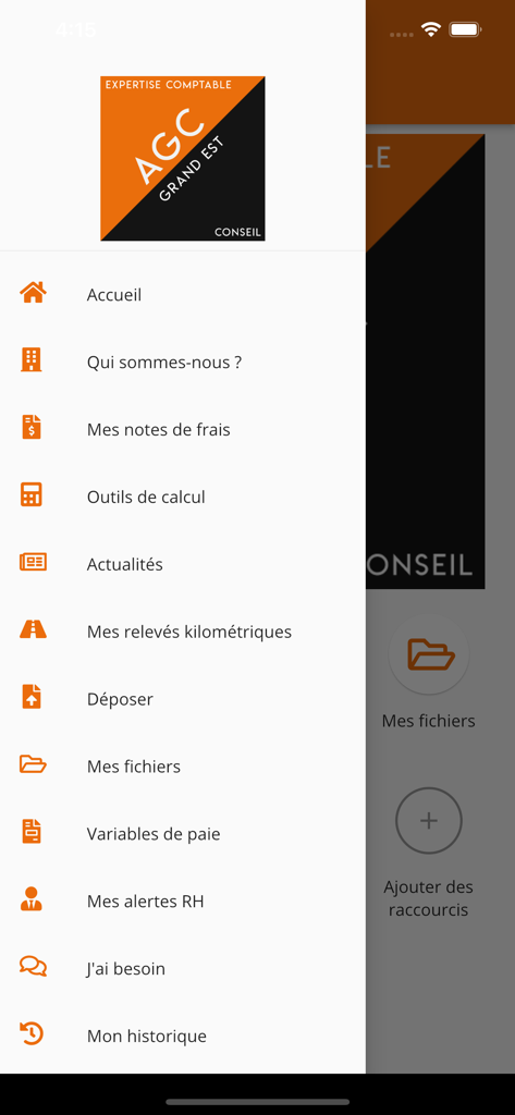 Side navigation menu of the AGCGE accounting app featuring various business and document management options in French