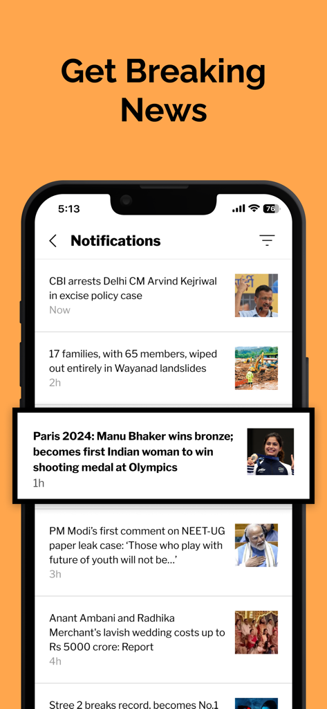 Dailyhunt app interface showing a list of breaking news notifications about Indian politics, sports, and local events.