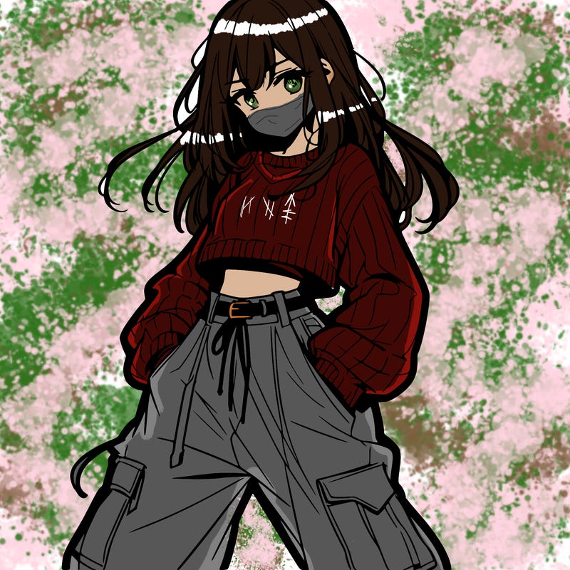anime teen girl with baggy pants and crop top with sweater