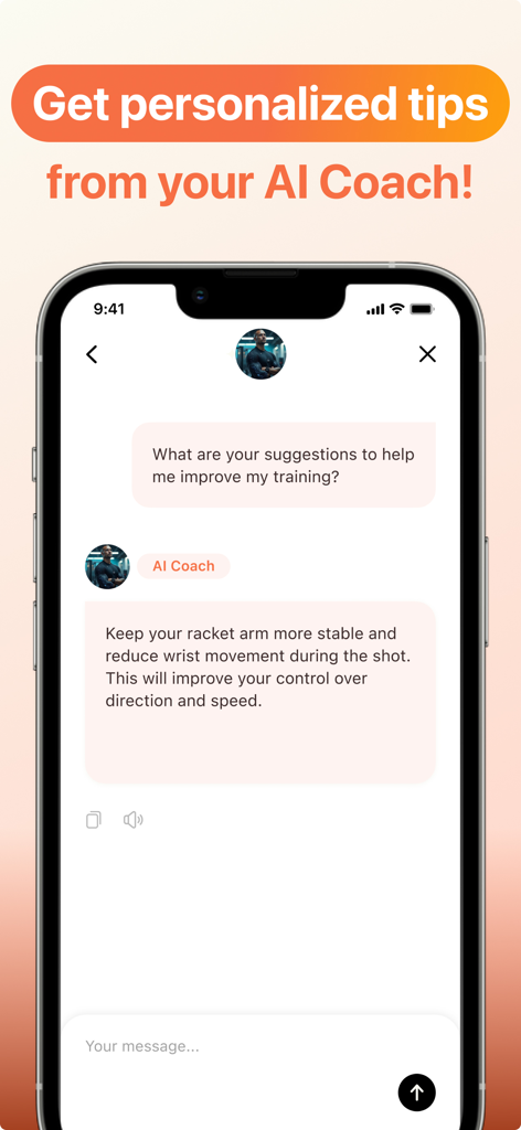 CoachIQ: AI Technic Analyzer - Chat interface in the CoachIQ app showing an AI coach providing personalized technical feedback for tennis training.