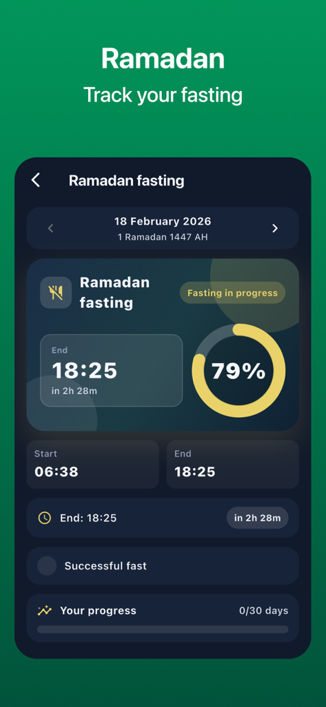 Muslim Bro: Prayer & Quran - Ramadan fasting tracker screen with a progress circle and countdown timer
