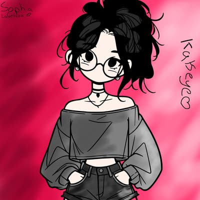 girl with a messy ponytail glasses a baggy crop top and jean shorts