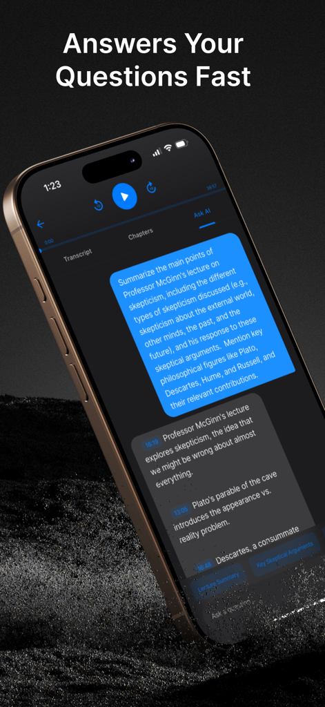 ScreenApp Meeting Minutes AI - iPhone screen showing ScreenApp AI answering questions and summarizing a philosophy lecture.