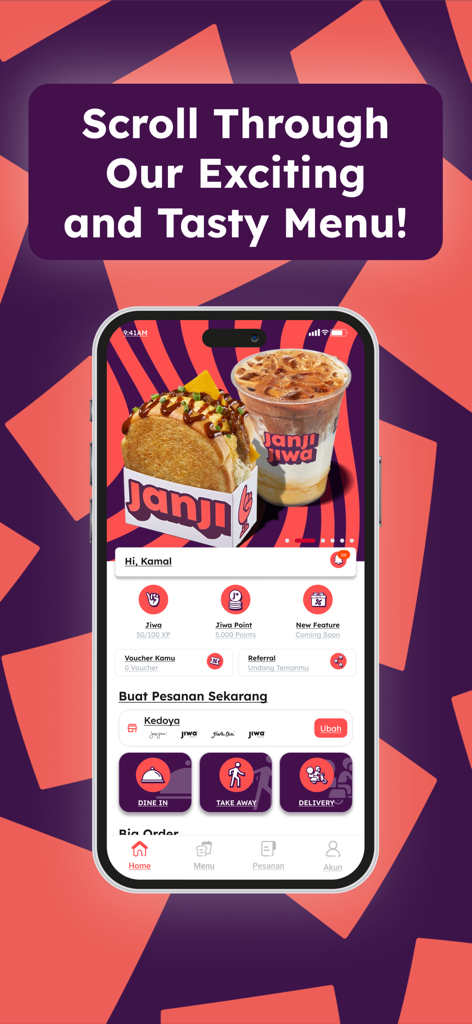JIWA+ by Kopi Janji Jiwa - JIWA+ app home screen interface showing food menu items and ordering options for dine in take away and delivery