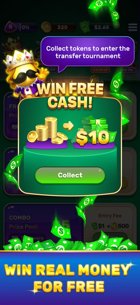 Solitaire Royale mobile app screen showing a win free cash prize pop up.