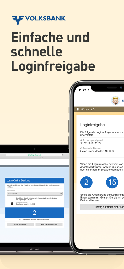 Volksbank ID - Volksbank ID app showing a secure login approval process with matching numbers on a smartphone and laptop.