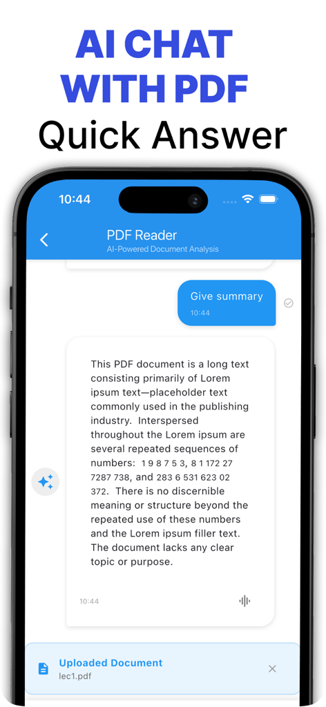 アップロードされたPDF文書を要約するAIチャットインターフェイスを表示する携帯電話