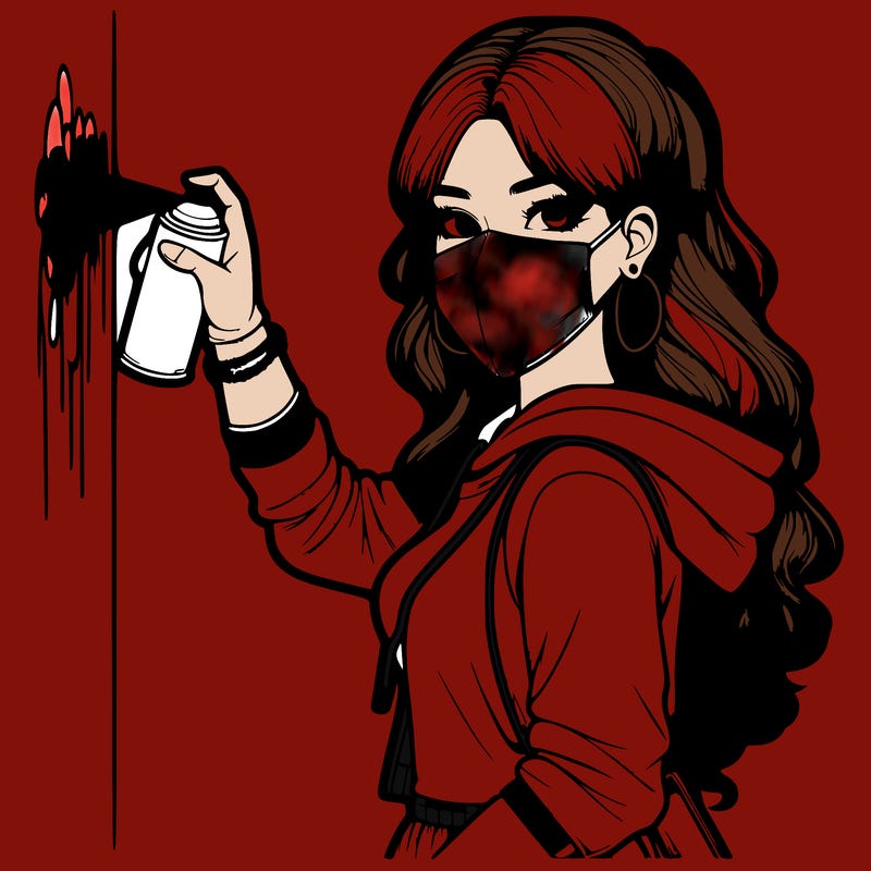 realistic girl with mask spray painting a wall