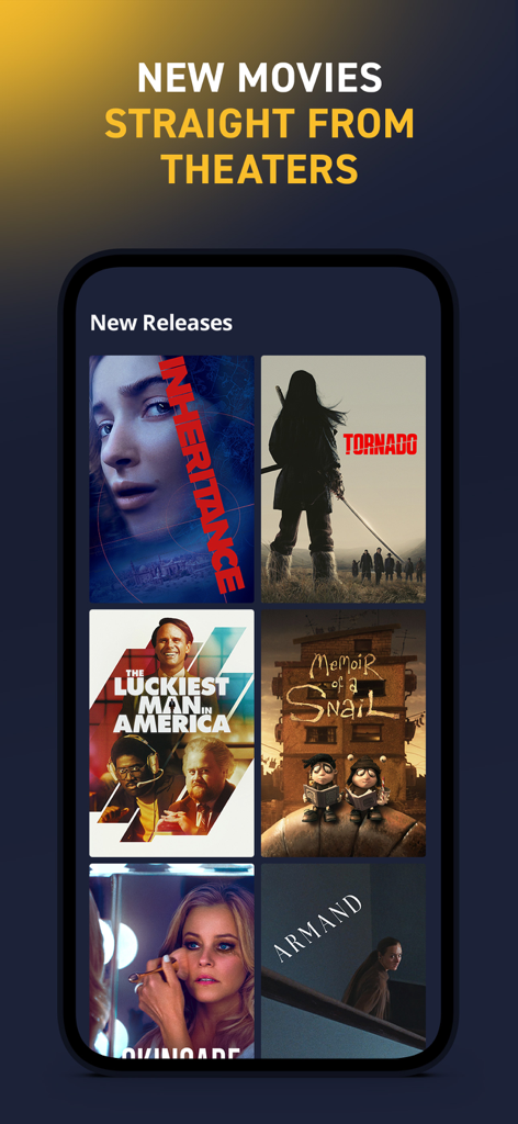 Sundance Now App-Oberfläche mit neuen Kinoveröffentlichungen aus den Theatern.