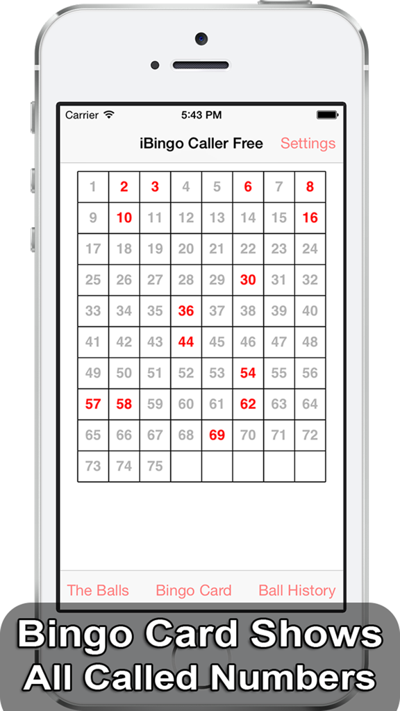 iBingo Caller Free - Play Bingo at Home with Friends! - iPhone screen displaying the iBingo Caller app with a grid of numbers where called numbers are highlighted in red.