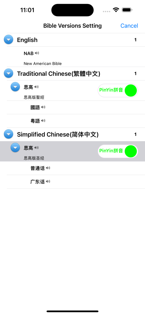 Catholic Chinese English Bible - 音声とピンインの切り替えオプション付きで、英語と中国語の選択肢が表示された聖書バージョン設定画面