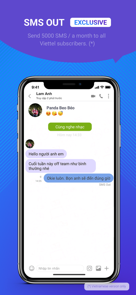 Interfaz de la aplicación Mocha mostrando la función SMS Out para enviar mensajes gratuitos a suscriptores de Viettel