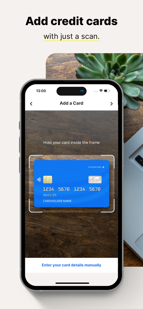 A smartphone using the Norton Password Manager app to scan and add a credit card to the digital vault