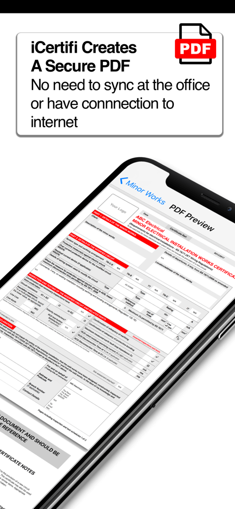 iCertifi - A preview of a secure electrical certificate PDF within the iCertifi mobile app