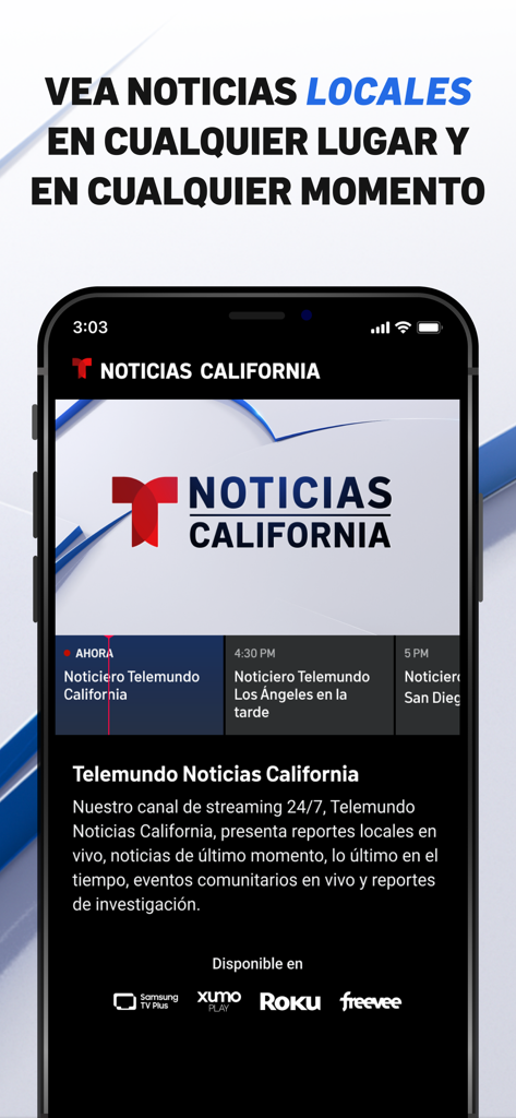 Captura de pantalla de la aplicación Telemundo 48 que muestra la interfaz del canal de transmisión 24/7 Noticias California