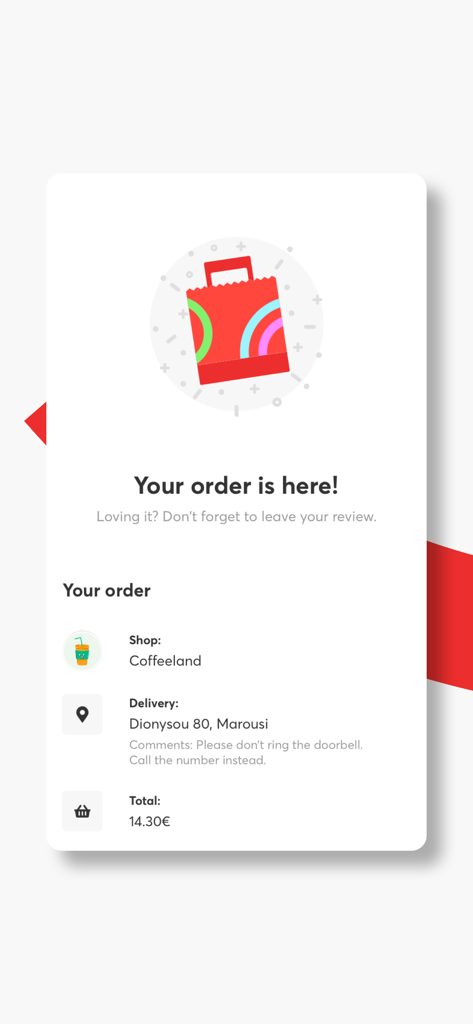 efood delivery: food, grocery - Order delivery confirmation screen in the efood app showing shop details and total price