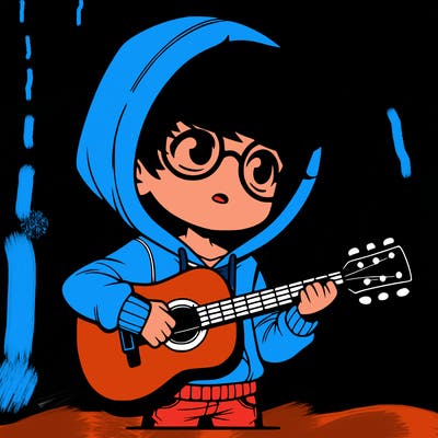 boy with brown hair hoodie and glasses playing guitar