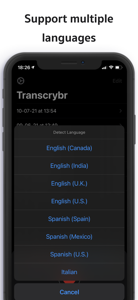 Live Transcribe: Transcrybr - A mobile interface for the Transcrybr app showing a language selection menu with options for different dialects of English and Spanish