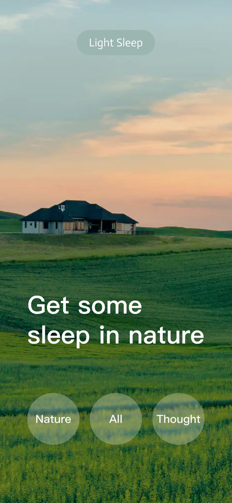 Captura de pantalla de la aplicación Light Sleep que presenta un paisaje pacífico y el texto Duerme en la naturaleza.