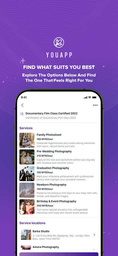 YouApp: Trips & Experiences - A list of photography services on the YouApp interface including family and graduation photoshoot options.
