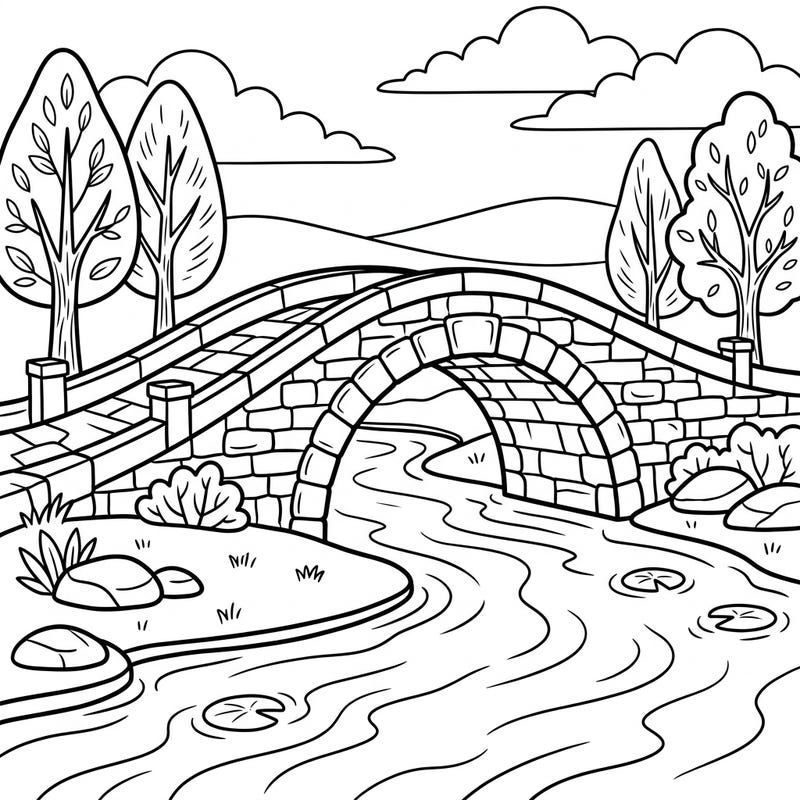 Embark on a coloring journey with this delightful stone bridge scene, perfect for young artists. Kids aged 4-8 will love adding their favorite colors to the sturdy bridge, flowing river, and natural surroundings.