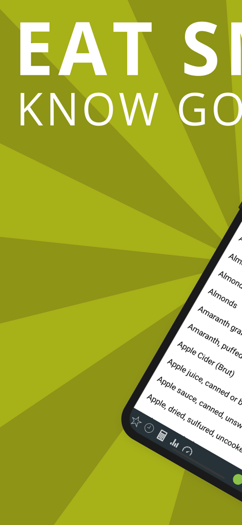 Smartphone-Bildschirm mit einer Liste gesunder Lebensmittel mit Daten zum glykämischen Index unter dem Slogan Eat Smart