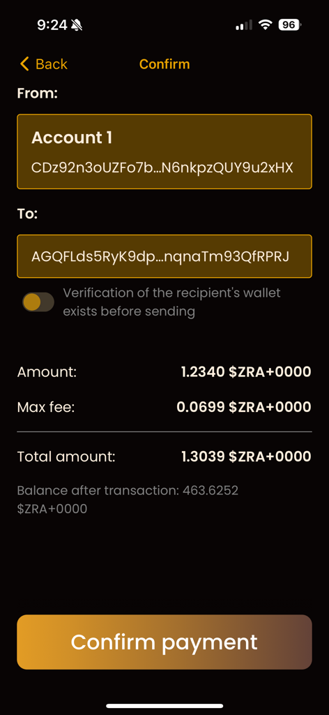 ZPay app screen showing the confirmation of a ZERA Network token transfer including sender and recipient addresses amount and transaction fees