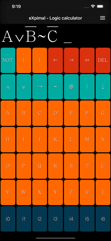 eXpimal - Logic calculator - Interface of the eXpimal logic calculator app showing the custom boolean formula keyboard