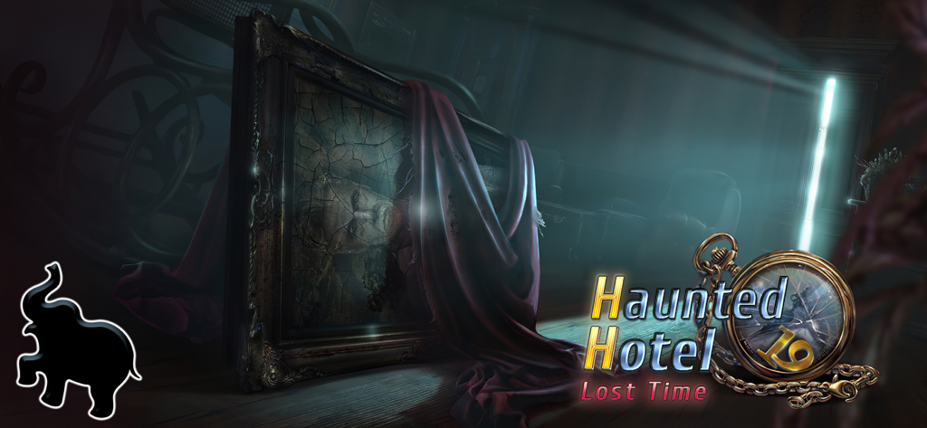 Haunted Hotel Lost Time game title art with a cracked portrait and golden pocket watch