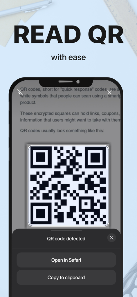 Smartphone screen showing the QR code scanning feature in the xScan document scanner app.