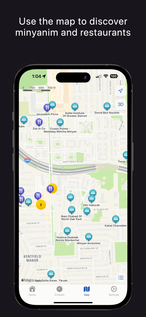 YidKit: Smart Siddur, Zmanim - YidKit app map interface displaying nearby minyanim and kosher restaurant locations.