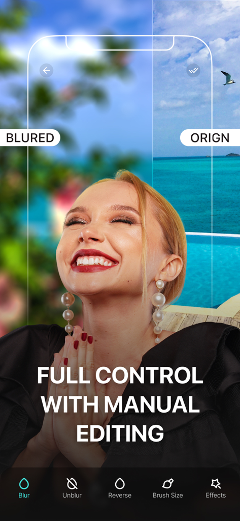 Ein Vergleich zwischen einem Original- und einem unscharfen Hintergrund auf einem Foto einer Frau innerhalb der App-Bearbeitungsoberfläche