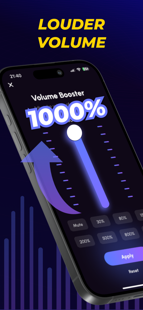 Super Volume: Increase Volume - Smartphone showing the Super Volume app interface with a volume booster set to 1000 percent