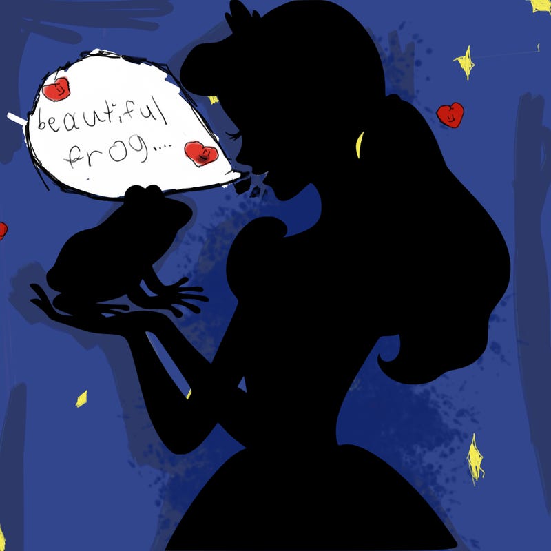 a shadow of a princess holding a frog realistic