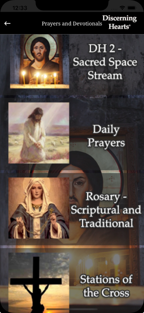 Discerning Hearts - Menu for prayers and devotionals in the Discerning Hearts app featuring the Rosary and Stations of the Cross