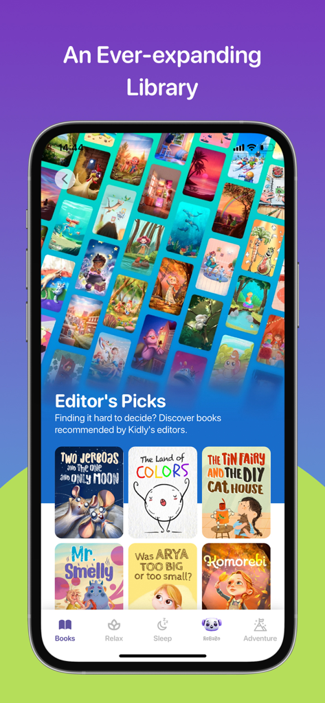 Kidly: Bedtime Books for Kids - Kidly app interface showing an ever-expanding library of children books and editor picks