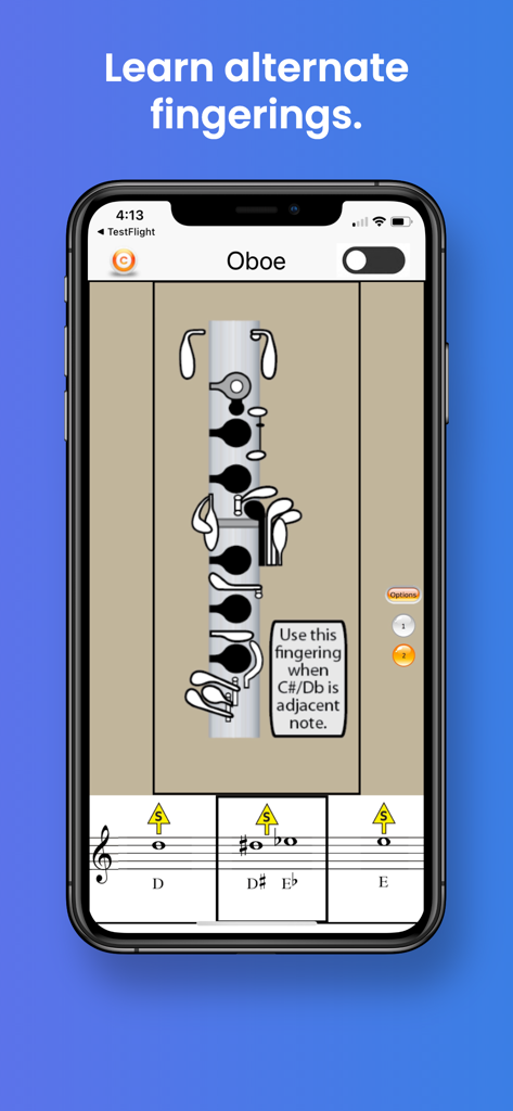 Oboe Fingering & Tuning - Interfaz de la aplicación Digitación y Afinación de Oboe que muestra una digitación alternativa para Re sostenido y Mi bemol con un consejo de uso específico