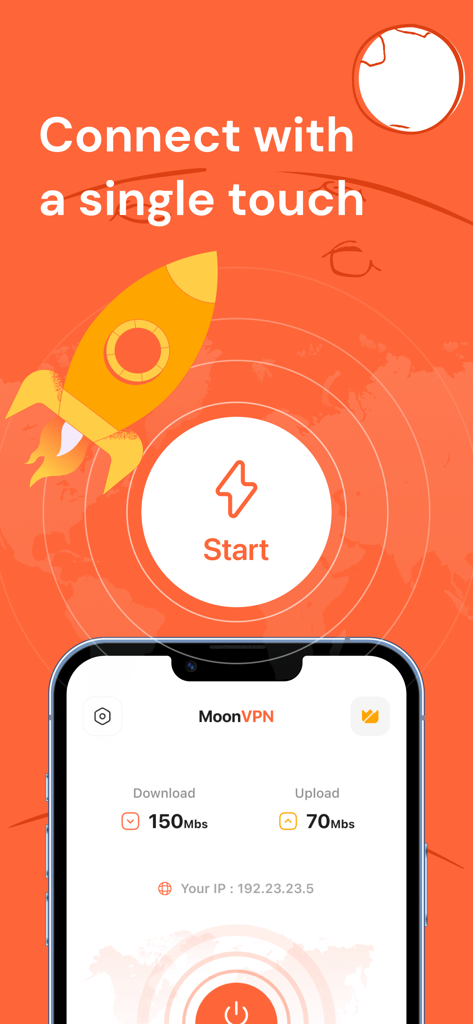 MoonVPN mobile app interface showing one-tap connection button and real-time download and upload speed monitoring