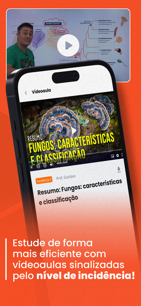 Interface do aplicativo Aprova Total mostrando uma videoaula de biologia sobre fungos com marcação de nível de incidência