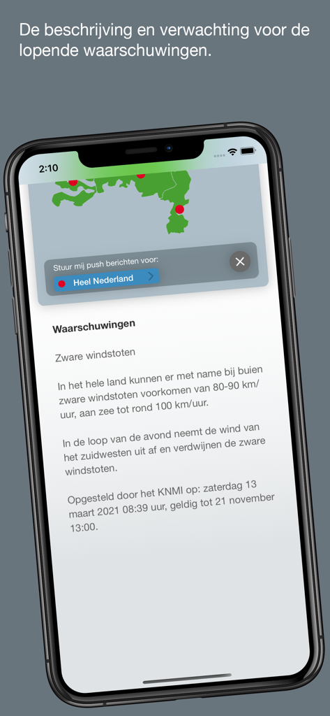 Official KNMI weather warnings and alerts displayed on the Weeralarm Nederland app.