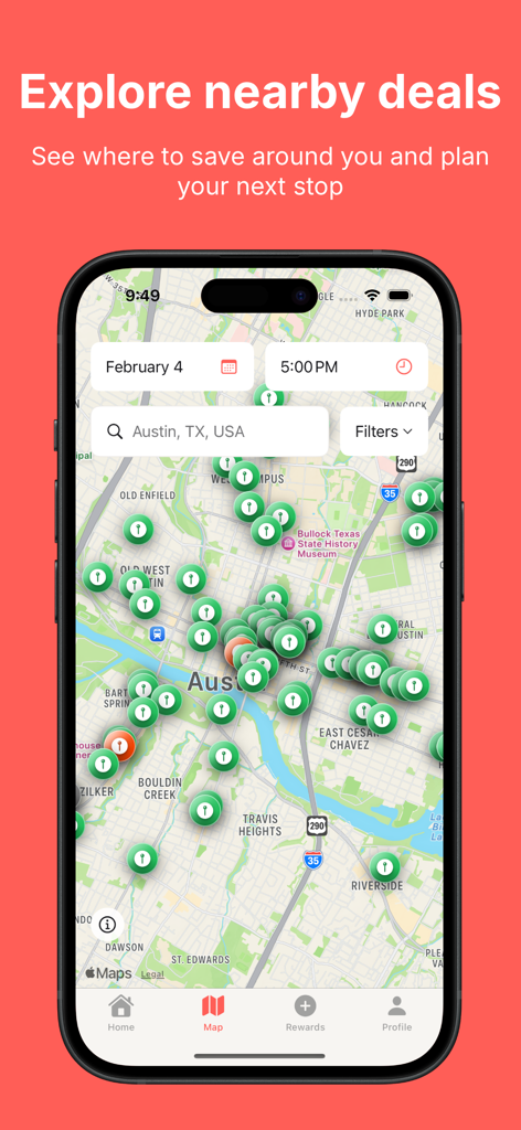 happyhopper: find happy hours - HappyHopper 모바일 앱 지도 인터페이스에 오스틴 텍사스 전역의 주변 해피아워 및 음식 딜 정보가 표시됩니다.
