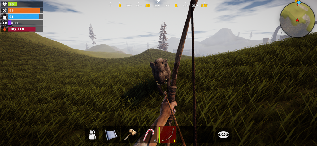 Just Survival Multiplayer - First person view of a player aiming a bow at a wild boar in the open world of Just Survival Multiplayer