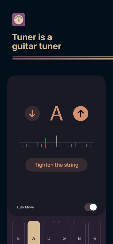 Tuner by Frido - Minimalist guitar tuner app interface displaying real time pitch detection for the A string