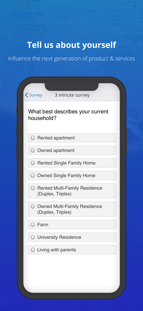 ySense - ySense app survey screen asking about household type