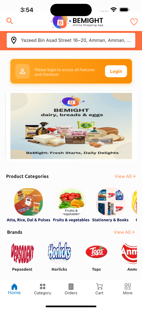 BeMight Online Shopping Store - Home screen of BeMight app showing grocery categories and top brands