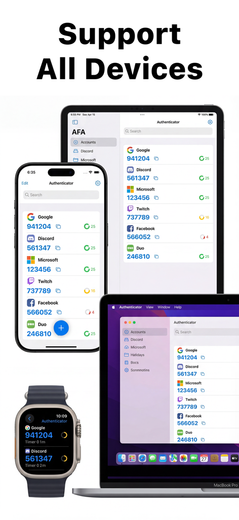 iPhone、iPad、MacBook、Apple Watch全体で同期された2FAコードを表示するAuthenticatorアプリ