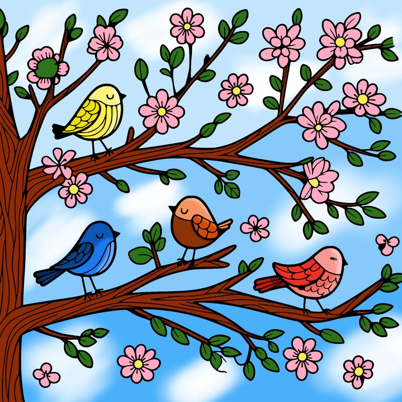 tree branches with birds and flowers
