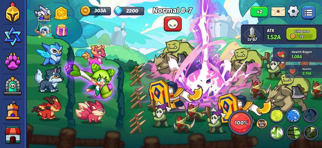 Kingdom Defender Idle RPG auto battle gameplay featuring hero and pets against enemy waves