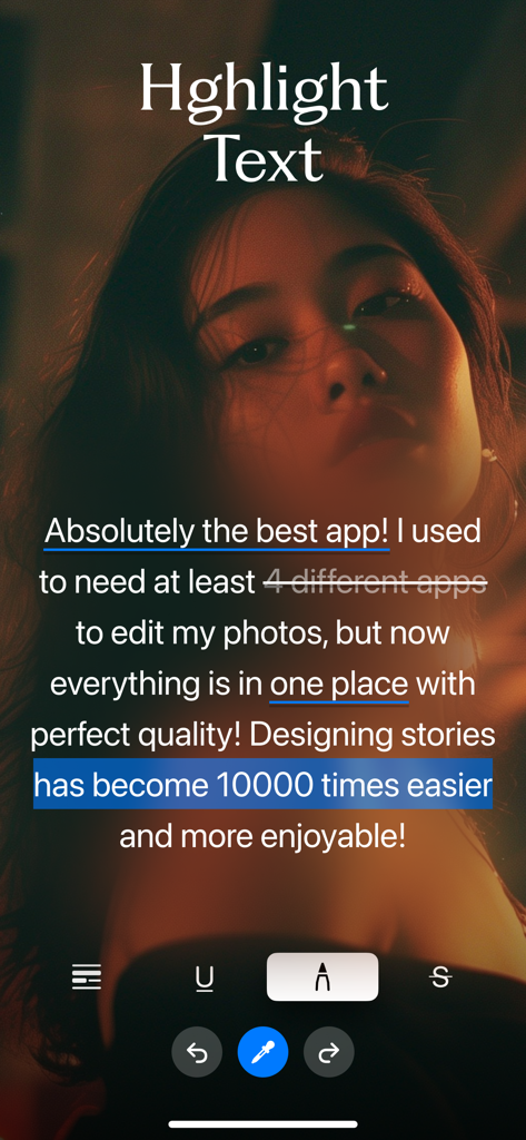 Dimostrazione degli strumenti di evidenziazione e formattazione del testo nell'app editor foto Zebra per creare storie per i social media.