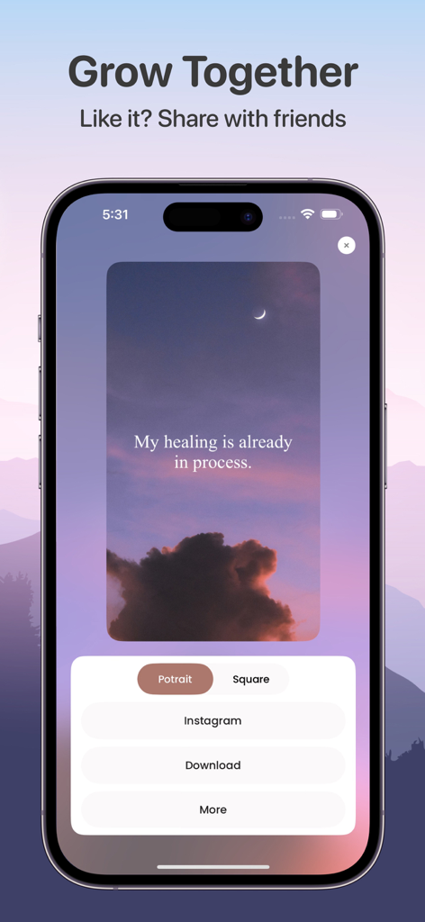 Daily Affirmations: Life Quote - Pantalla de la aplicación Afirmaciones Diarias que muestra una cita curativa con opciones para compartir en Instagram